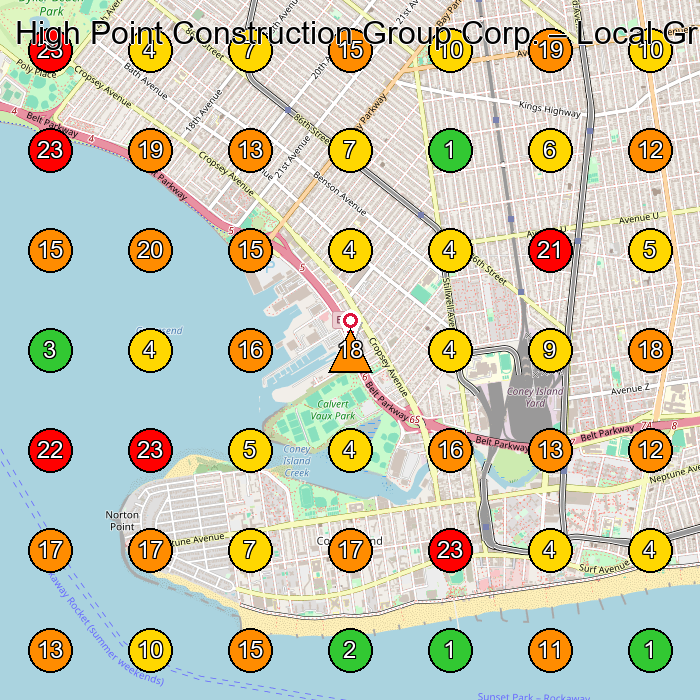 High Point Construction Group Corp. General Contractor GeoGrid ranking map for Brooklyn NY